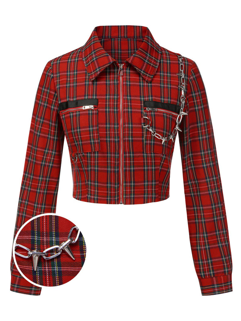 [Vorverkauf] Rot 1980er Plaid Patchwork Chain Punk Jacke