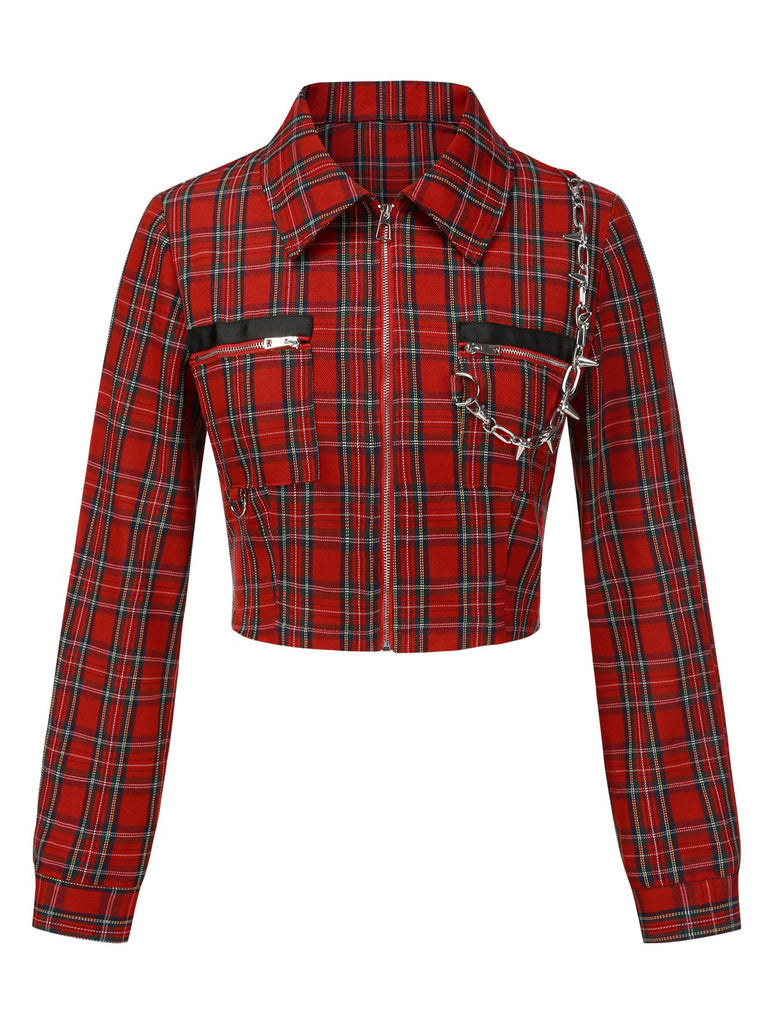 [Vorverkauf] Rot 1980er Plaid Patchwork Chain Punk Jacke