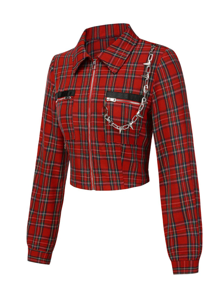 [Vorverkauf] Rot 1980er Plaid Patchwork Chain Punk Jacke