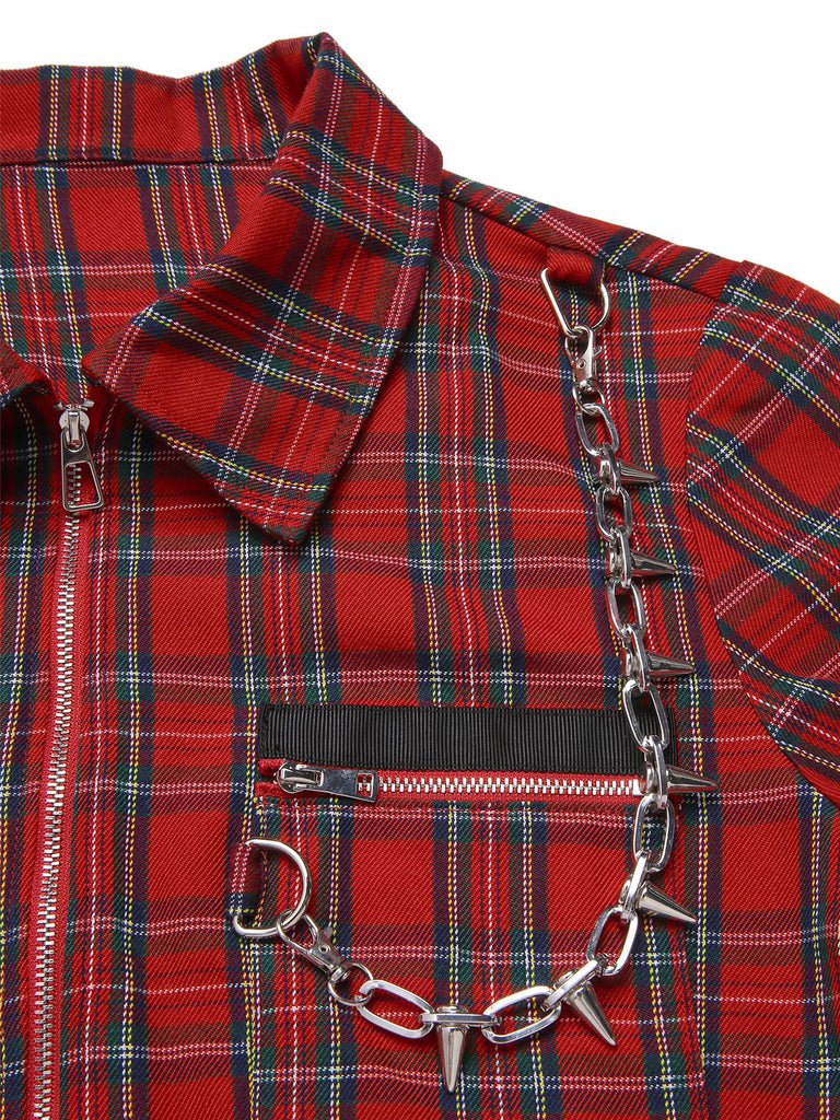 [Vorverkauf] Rot 1980er Plaid Patchwork Chain Punk Jacke