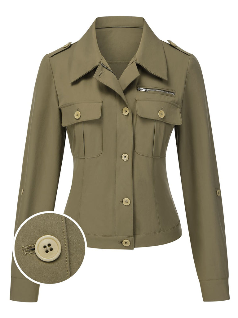 [Vorverkauf] Grün 1950er Revers Solide Hemd Jacke