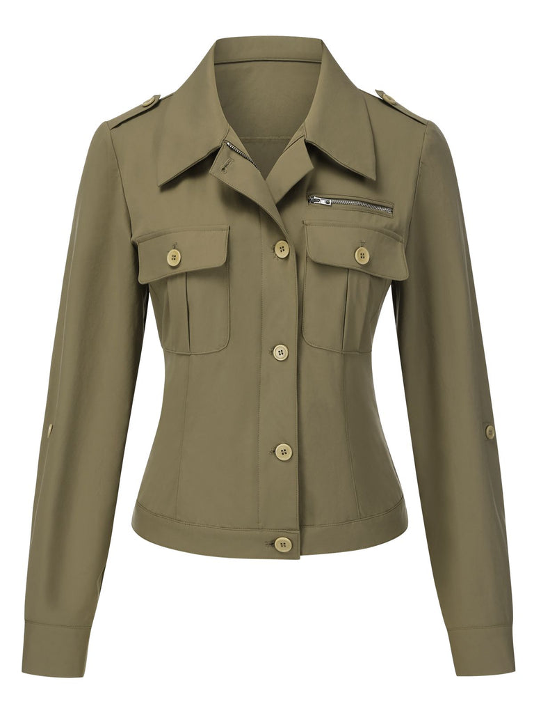 [Vorverkauf] Grün 1950er Revers Solide Hemd Jacke