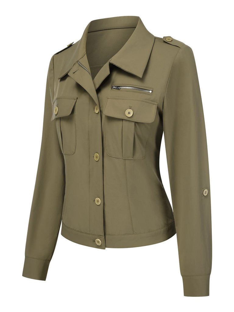 [Vorverkauf] Grün 1950er Revers Solide Hemd Jacke