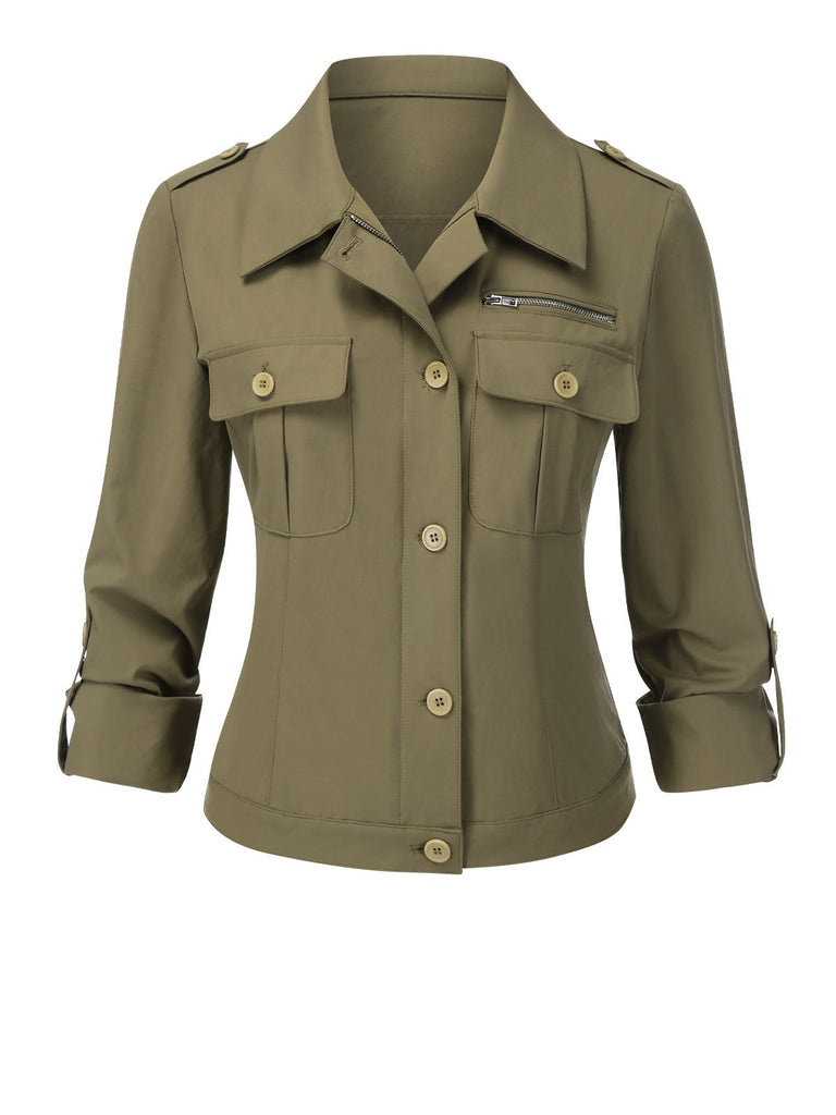 [Vorverkauf] Grün 1950er Revers Solide Hemd Jacke
