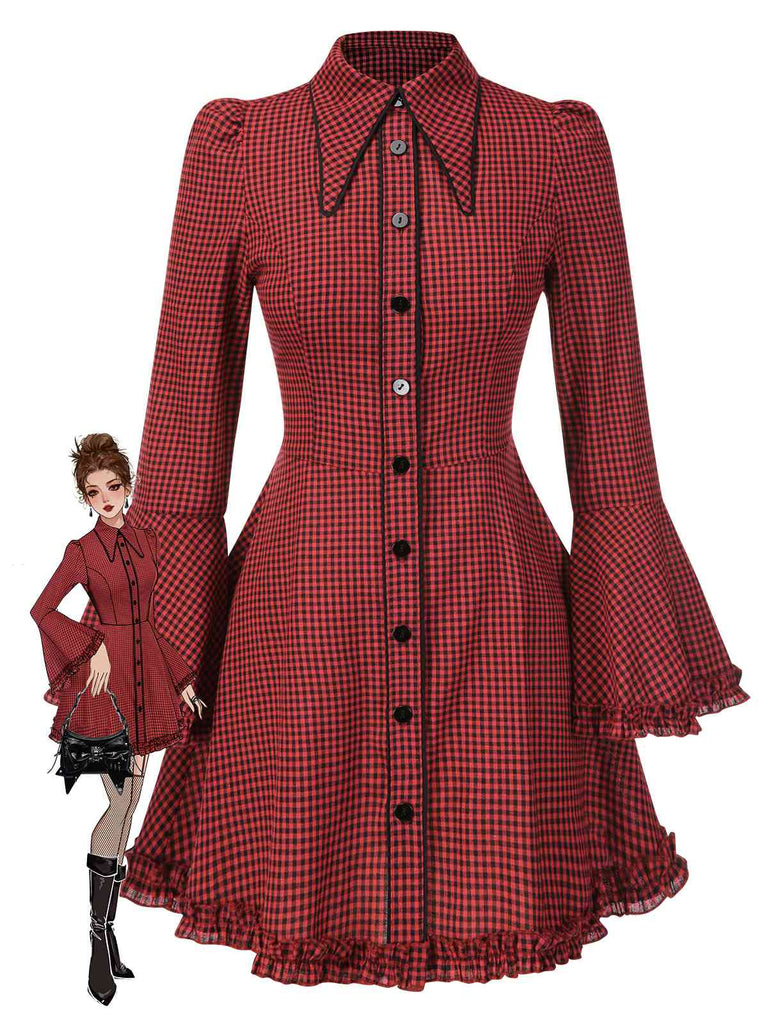 [Vorverkauf] Rot 1960er Gothic Plaid Ausgestellte Ärmel Schnürung Kleid