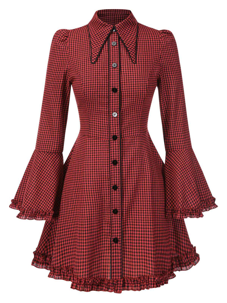 [Vorverkauf] Rot 1960er Gothic Plaid Ausgestellte Ärmel Schnürung Kleid