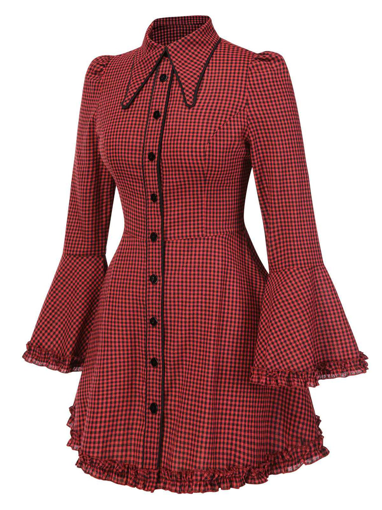 [Vorverkauf] Rot 1960er Gothic Plaid Ausgestellte Ärmel Schnürung Kleid