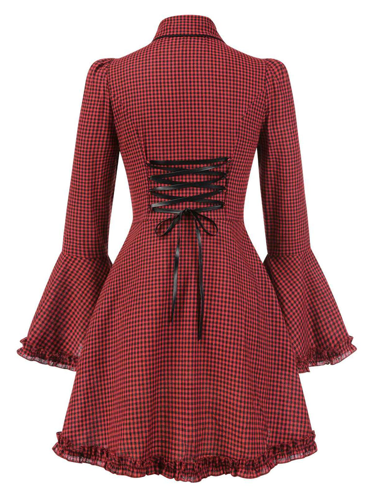 [Vorverkauf] Rot 1960er Gothic Plaid Ausgestellte Ärmel Schnürung Kleid