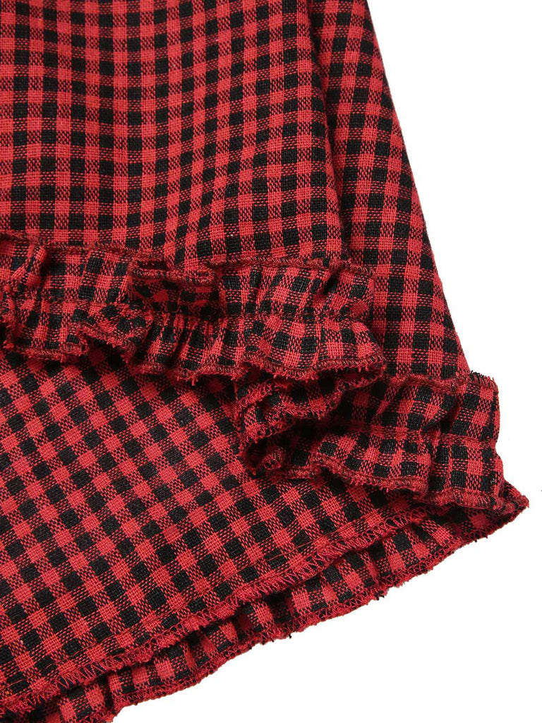 [Vorverkauf] Rot 1960er Gothic Plaid Ausgestellte Ärmel Schnürung Kleid