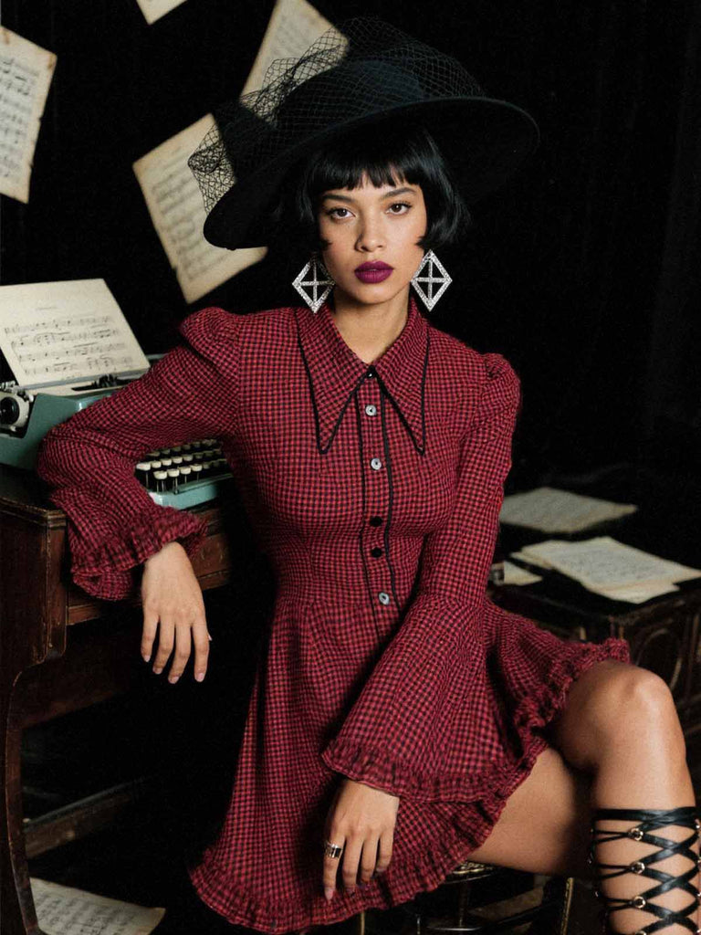 [Vorverkauf] Rot 1960er Gothic Plaid Ausgestellte Ärmel Schnürung Kleid