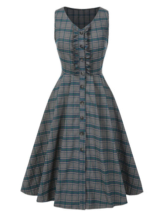 [Vorverkauf] Grau 1950er Plaid V-Ausschnitt Ärmellos Rüschen Kleid