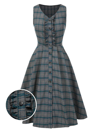 [Vorverkauf] Grau 1950er Plaid V-Ausschnitt Ärmellos Rüschen Kleid