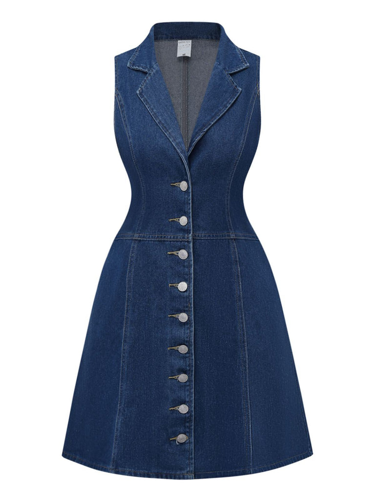 Tiefblau 1970er Denim Revers Ärmellos Taste Kleid