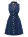 Tiefblau 1970er Denim Revers Ärmellos Taste Kleid