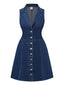 Tiefblau 1970er Denim Revers Ärmellos Taste Kleid