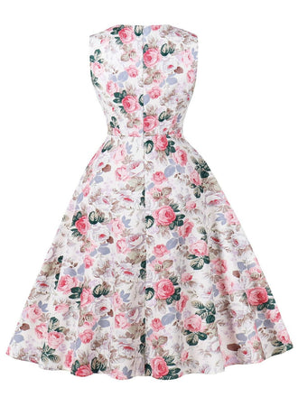 Rosa 1950er Blumen Bogen Herzförmiger Hals Swing Kleid