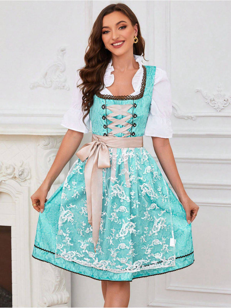 2PCS Blau 1950er Oktoberfest Blumen Jacquard Kleid & Besticktes Schürze