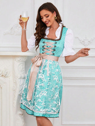 2PCS Blau 1950er Oktoberfest Blumen Jacquard Kleid & Besticktes Schürze