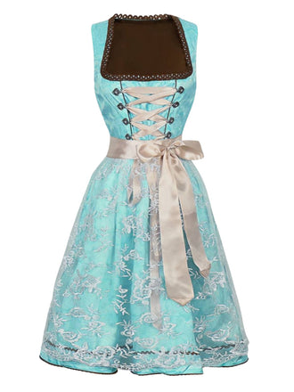 2PCS Blau 1950er Oktoberfest Blumen Jacquard Kleid & Besticktes Schürze