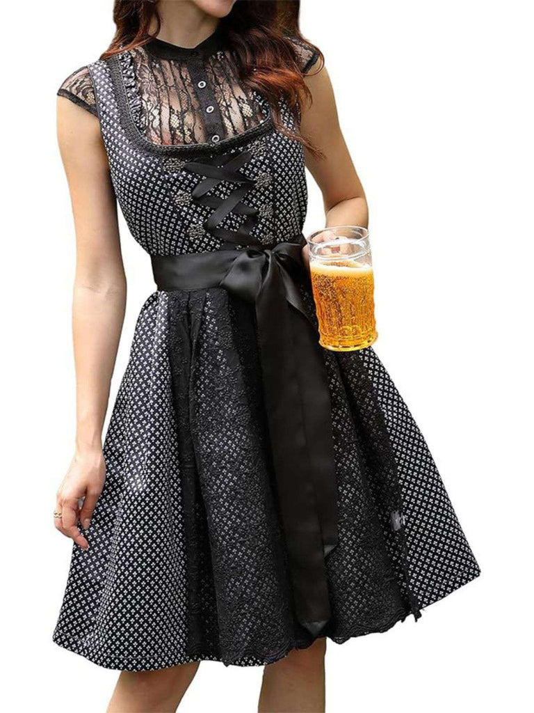 2PCS Dunkelblau 1950er Oktoberfest Dirndl Blumen Schnürung Kleid & Schürze