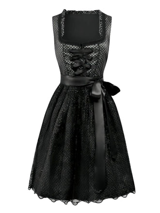 2PCS Schwarz 1950er Oktoberfest Dirndl Blumen Schnürung Kleid & Schürze