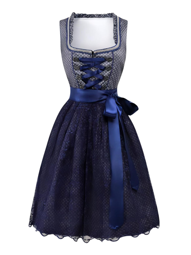 2PCS Schwarz 1950er Oktoberfest Dirndl Blumen Schnürung Kleid & Schürze