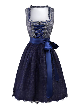 2PCS Dunkelblau 1950er Oktoberfest Dirndl Blumen Schnürung Kleid & Schürze