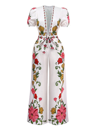 Weiß 1950er Tief V-Ausschnitt Blumen Gürtel Jumpsuit