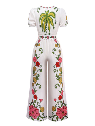 Weiß 1950er Tief V-Ausschnitt Blumen Gürtel Jumpsuit