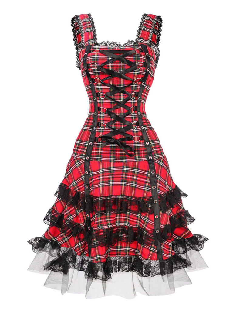 1960er Schottisch Tartan Schnürung Breite Träger Kleid