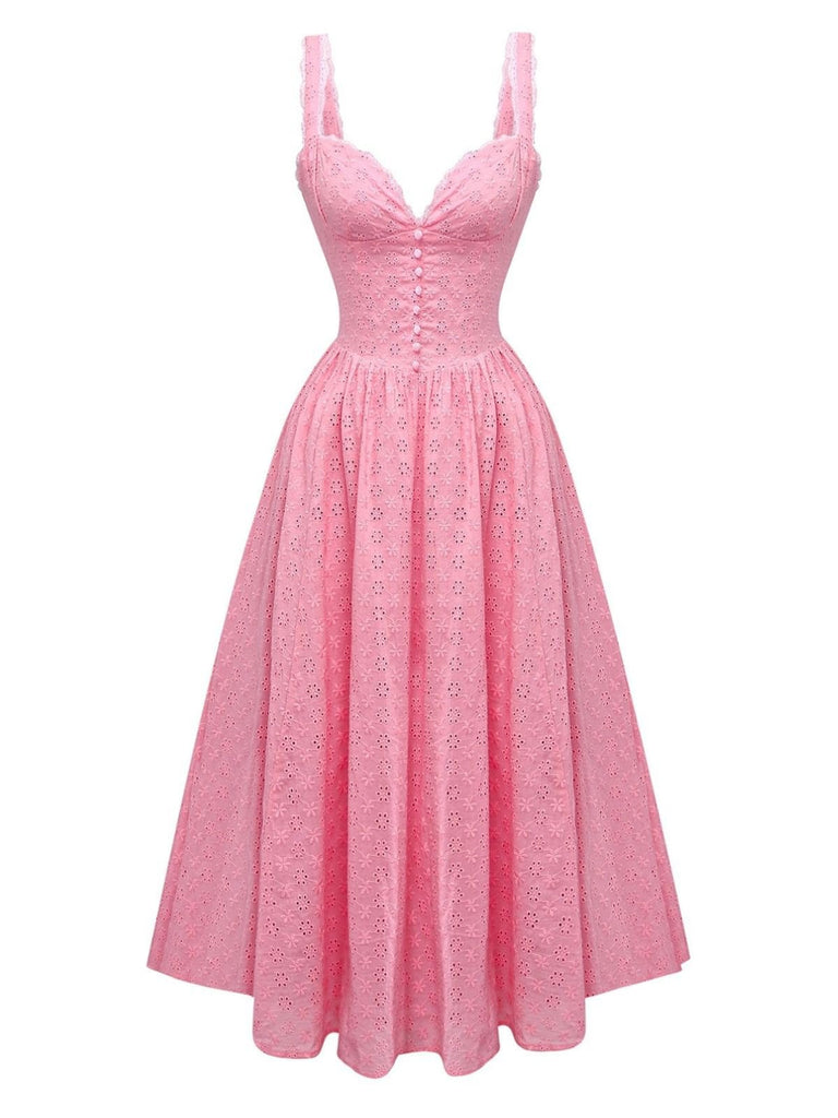 Rosa 1950er Spitze Blumen Besticktes Taille Kleid
