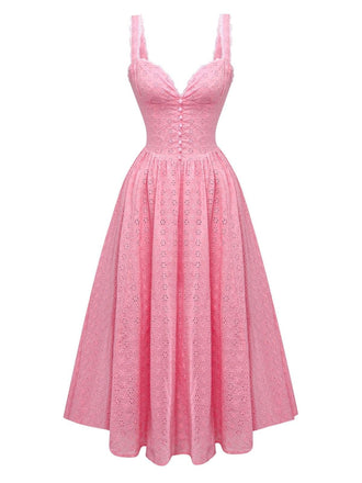 Rosa 1950er Spitze Blumen Besticktes Taille Kleid