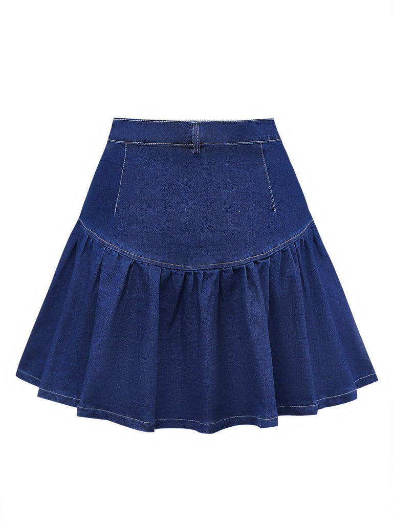 Dunkelblau 1960er Rüschen Denim Rock