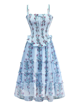 1940er Gänseblümchen Netz Patchwork Gesmokt Kleid