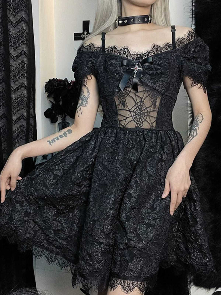1950er Gothic Halloween Spinnennetz & Kreuz Strukturiert Kleid