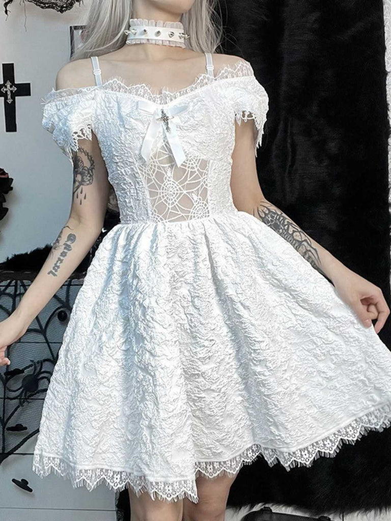 1950er Gothic Halloween Spinnennetz & Kreuz Strukturiert Kleid