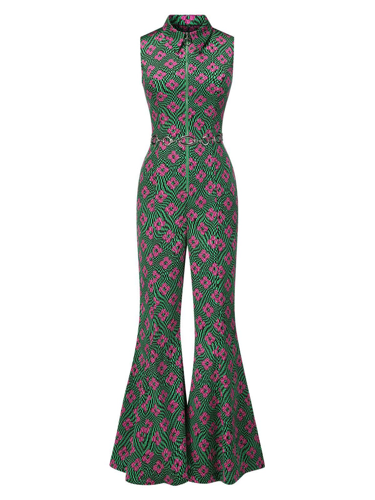 [Vorverkauf] Multicolor 1970er Revers Psychedelisch Blumen Ausgestellter Jumpsuit
