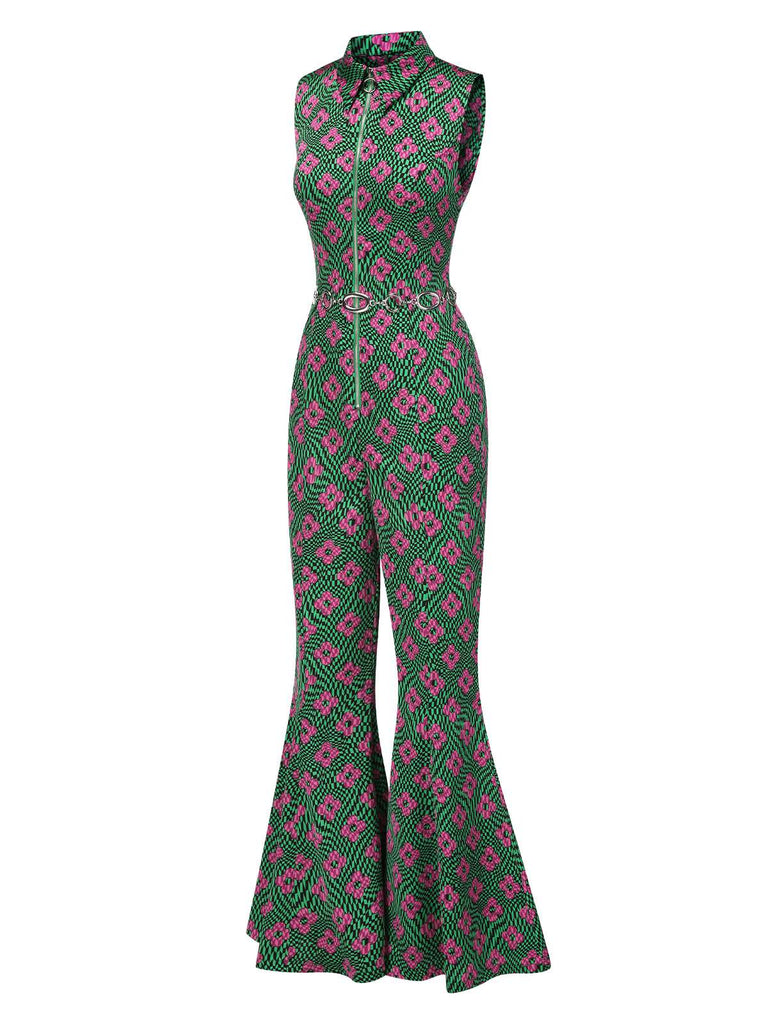 [Vorverkauf] Multicolor 1970er Revers Psychedelisch Blumen Ausgestellter Jumpsuit