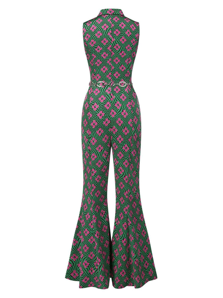 [Vorverkauf] Multicolor 1970er Revers Psychedelisch Blumen Ausgestellter Jumpsuit