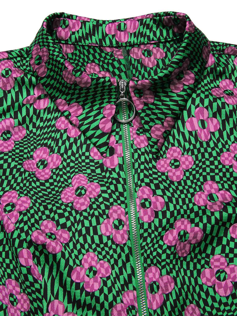 [Vorverkauf] Multicolor 1970er Revers Psychedelisch Blumen Ausgestellter Jumpsuit