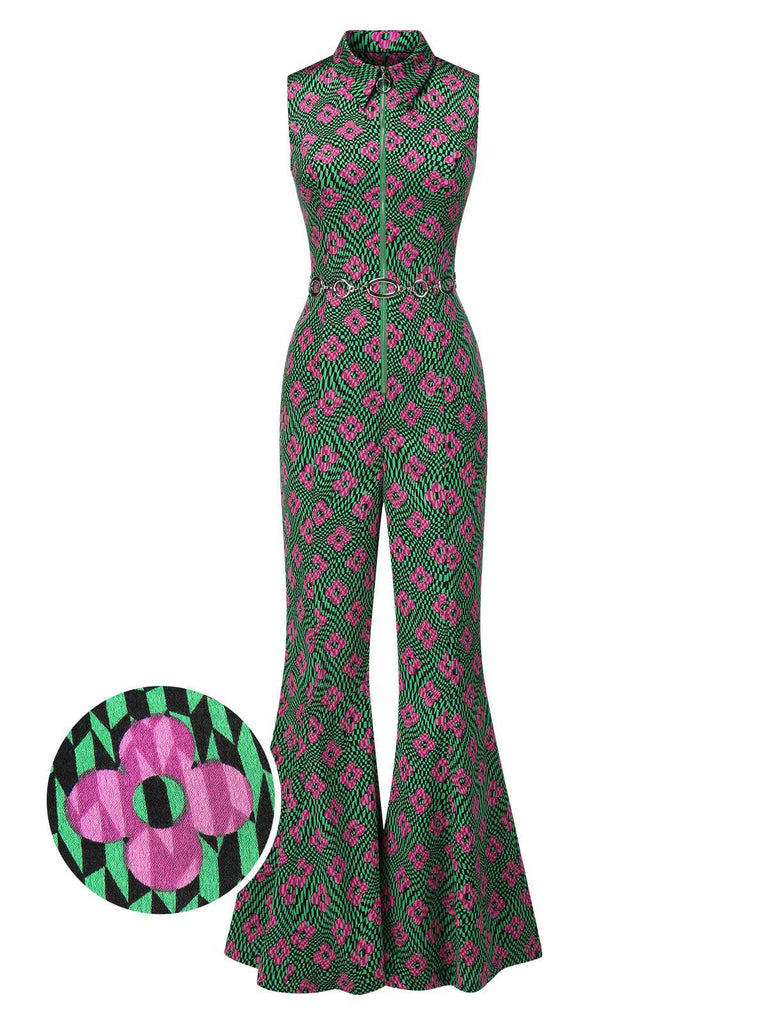 [Vorverkauf] Multicolor 1970er Revers Psychedelisch Blumen Ausgestellter Jumpsuit