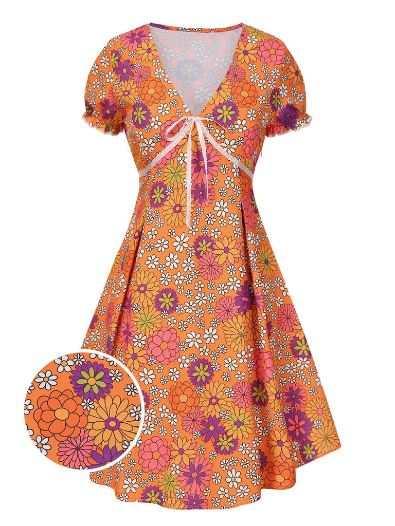 [Vorverkauf] Orange 1970er Psychedelischer Druck Bogen Mini Kleid