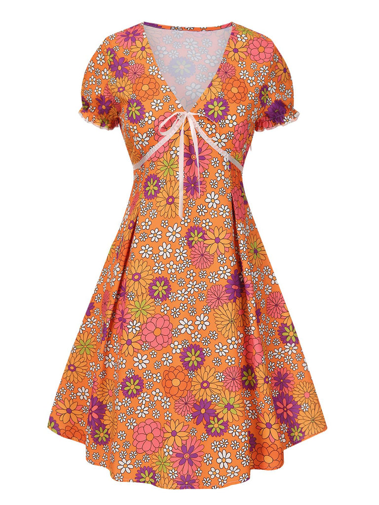 [Vorverkauf] Orange 1970er Psychedelischer Druck Bogen Mini Kleid