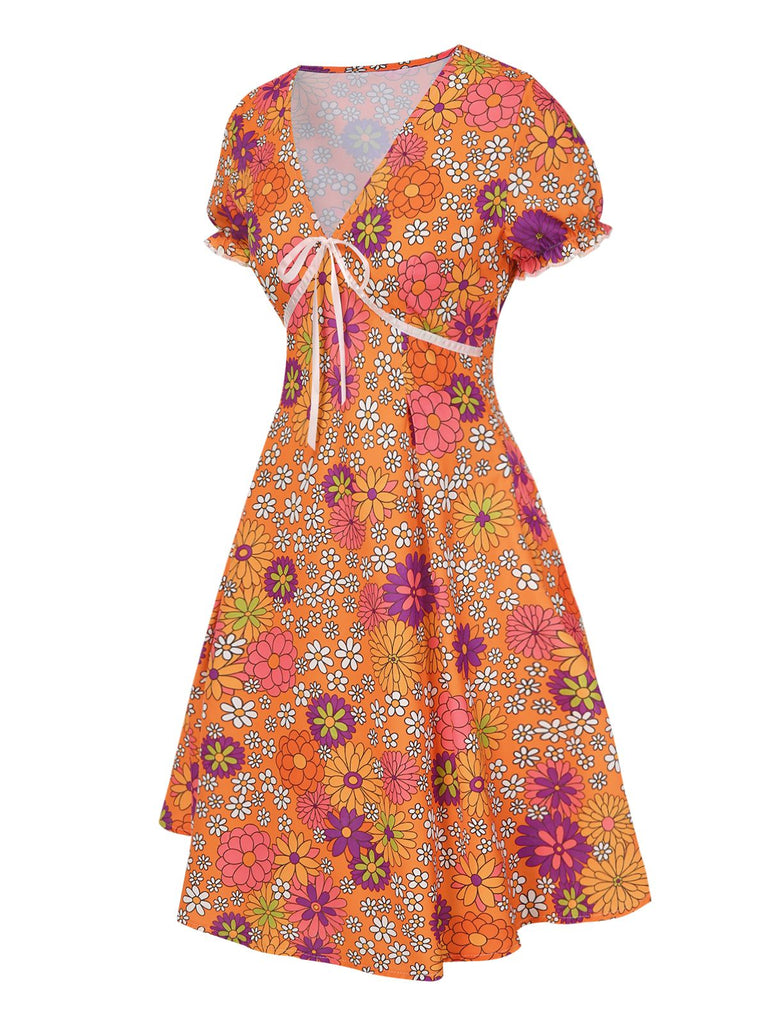 [Vorverkauf] Orange 1970er Psychedelischer Druck Bogen Mini Kleid