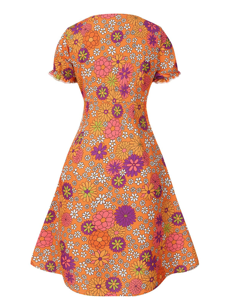 [Vorverkauf] Orange 1970er Psychedelischer Druck Bogen Mini Kleid