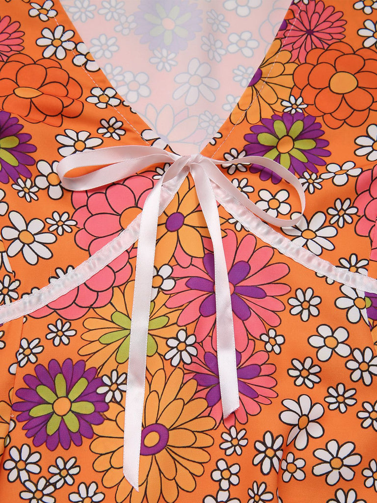 [Vorverkauf] Orange 1970er Psychedelischer Druck Bogen Mini Kleid