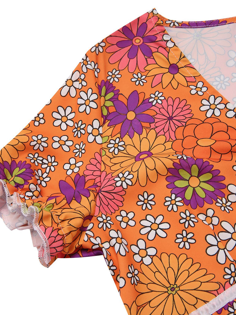 [Vorverkauf] Orange 1970er Psychedelischer Druck Bogen Mini Kleid