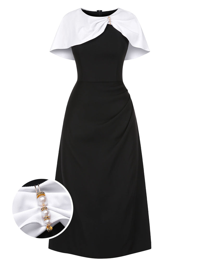 [Vorverkauf] Schwarz & Weiß 1940er Gerüschtes Perlenbrosche Cape Kleid