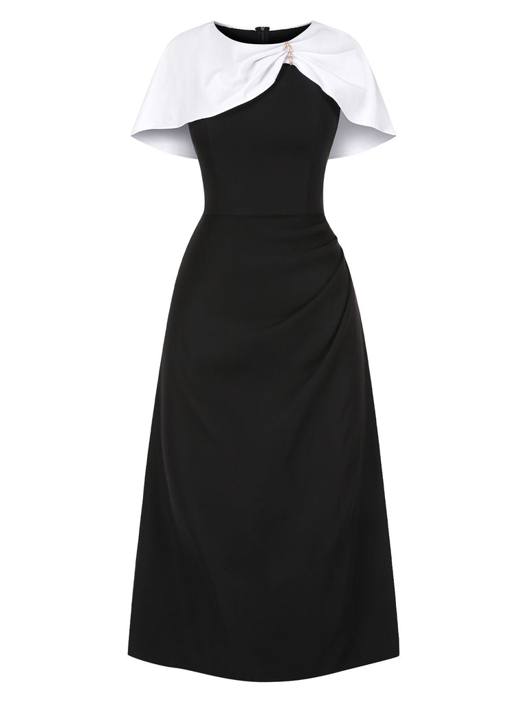 [Vorverkauf] Schwarz & Weiß 1940er Gerüschtes Perlenbrosche Cape Kleid