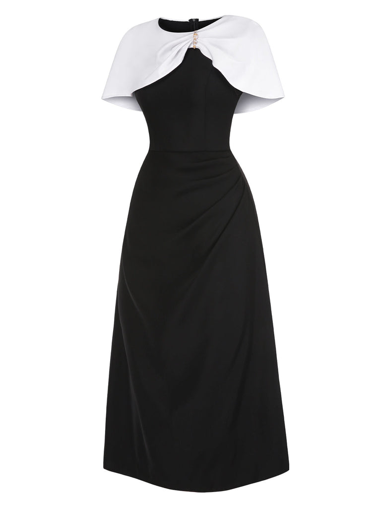 [Vorverkauf] Schwarz & Weiß 1940er Gerüschtes Perlenbrosche Cape Kleid